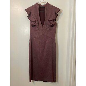 Black Halo Women's Eva Ruffle Split Plunge V Neck Midi Sheath Dress